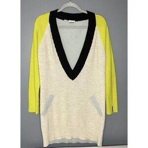 Noisy May Sweater Womens Medium Tunic Yellow Black Colorblock Deep V-Neck Jumper